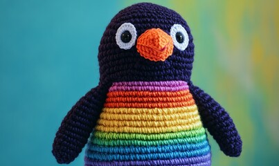 A whimsical and animated crocheted penguin with a rainbow belly, showcased in a close or medium shot