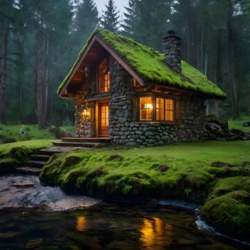 Una caba&ntilde;a de piedra en un denso bosque lluvioso con un techo de musgo y una chimenea junto a un lago