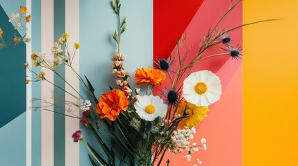 Obraz premium A vibrant bouquet of wildflowers arranged against a colorful striped backdrop.