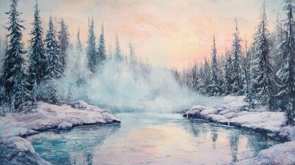 A misty, winter landscape with a frozen river flowing through a snowy forest.  The sun is setting, casting a warm glow on the snow.