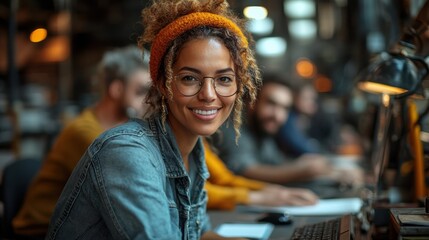 Fototapeta premium A young woman wearing glasses smiles while working in a modern office.