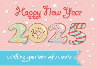 Delightful Donut-Themed New Year Greeting. The numbers are transformed into sweet donuts adorned with creamy swirls and nutty decorations. Background with confetti. A banner allows for custom text 