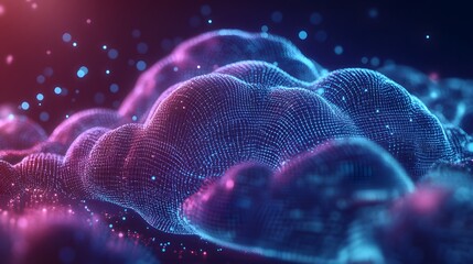 Abstract Blue and Purple 3D Digital Network with Glowing Particles