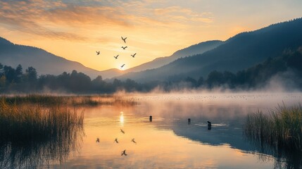 Fototapeta premium A misty morning sunrise over a tranquil lake with mountains in the background, featuring a flock of birds flying in the sky.