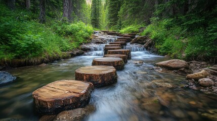 Obraz premium A wooden pathway of stepping stones leading across a stream through a lush forest.