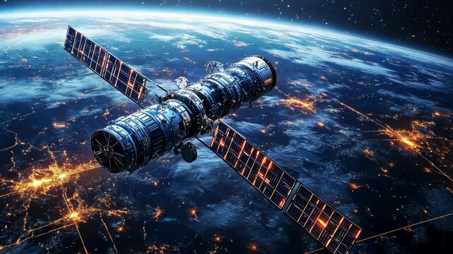 A satellite or space station orbits Earth, showcasing technology and scientific exploration.