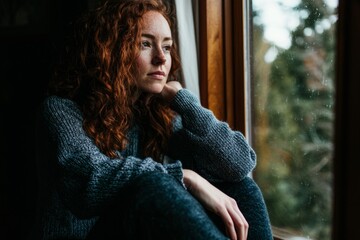 A young woman with red curly hair and a pensive expression sits by a window, gazing outside. Perfect for themes of contemplation, introspection, and seasonal melancholy.