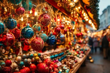 Fototapeta premium maximalist christmas holiday market with lavishly decorated stalls, colorful ornaments, and vibrant lights