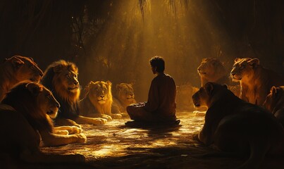 Amidst a dim den illuminated by soft light, Daniel remains calm while surrounded by a group of lions, creating a tense yet serene atmosphere