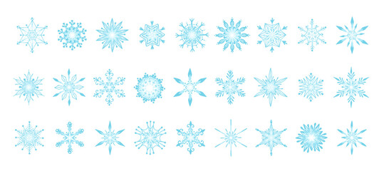 Collection of various snowflakes. Decorative seasonal ornaments. Vector graphics.