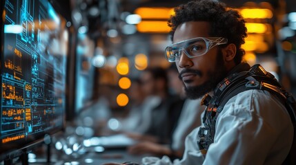 Futuristic technology specialist analyzing data on high-tech displays in a modern control center environment with advanced interfaces and lighting effects