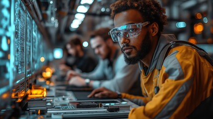 Focused engineer in advanced technology control room collaborates with team, wearing protective eyewear, operating on high-tech interfaces with futuristic display