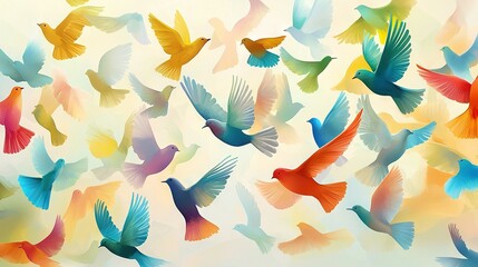 Fototapeta premium A flock of vibrant avian soars high amidst a crisp white expanse and a stunning azure backdrop