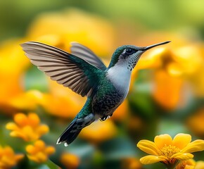 Naklejka premium Flying hummingbird in a blooming garden