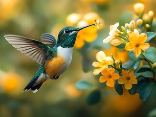 Naklejka premium Flying hummingbird in a blooming garden