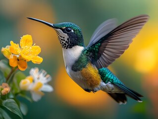 Fototapeta premium Flying hummingbird in a blooming garden