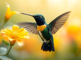 Naklejka premium Flying hummingbird in a blooming garden