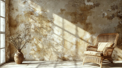 A wicker chair and vase with branches stand against a textured wall, lit by natural sunlight. Concept: rustic interior minimalism.