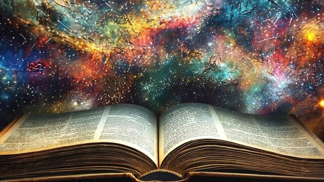 A weathered spellbook opened to a page of cryptic symbols, An open book floats in a vast, starry expansion, its pages glowing with the light of a million distant suns, footage, 4k footage, videos