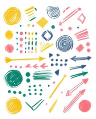 A page of colorful hand-drawn doodles featuring arrows, dots, and simple shapes with clean lines.