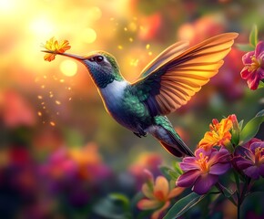 Fototapeta premium Flying hummingbird in a blooming garden