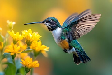 Fototapeta premium Flying hummingbird in a blooming garden