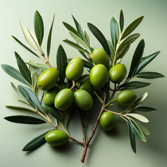 Photo of an olive tree branch, with preserved green olives on a neutral background. Olive branches loaded with fruit.