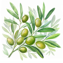 Watercolor painting of olive branches, loaded with fruit. Olive trees on their branches, painted on a white background.