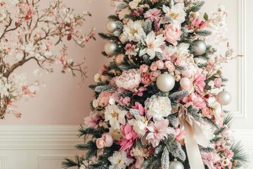 luxury Chinoiserie Christmas tree with detailed ornaments, pink pastel color palette,  silk...