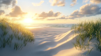 A scenic view of a beach with white sand and lush green grass, a glowing sunset in the background.