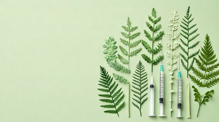   A photo featuring a cluster of verdant foliage adjacent to a hypodermic needle against a light green backdrop