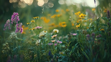 A field of wildflowers in bloom with a soft, blurred background of green foliage and sunlight.