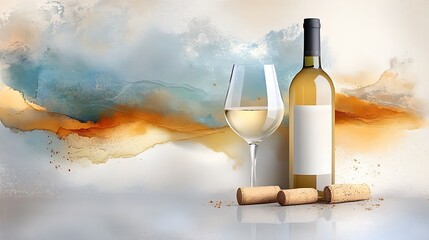 A visually appealing composition with a white wine bottle and glasses, complete with corks and a sophisticated background