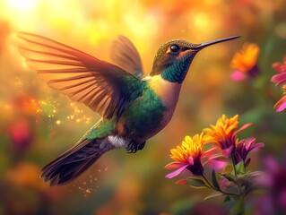 Fototapeta premium Flying hummingbird in a blooming garden