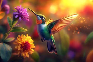Naklejka premium Flying hummingbird in a blooming garden