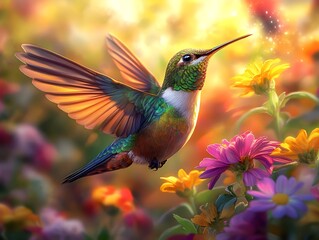 Fototapeta premium Flying hummingbird in a blooming garden