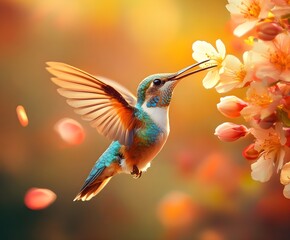 Fototapeta premium Flying hummingbird in a blooming garden