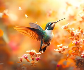Fototapeta premium Flying hummingbird in a blooming garden