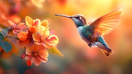 Flying hummingbird in a blooming garden