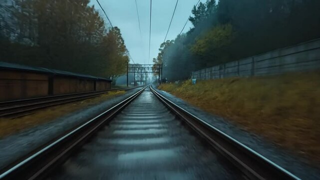 Train POV railway track. Railway tracks, rails in motion, close up. Train picking up speed, accelerating. Wet rails after rain
