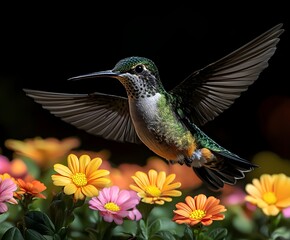 Fototapeta premium Flying hummingbird in a blooming garden
