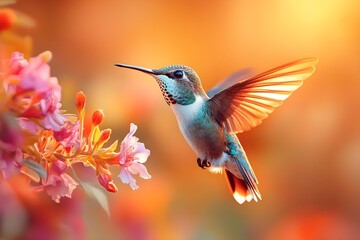 Fototapeta premium Flying hummingbird in a blooming garden