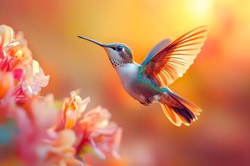 Fototapeta premium Flying hummingbird in a blooming garden