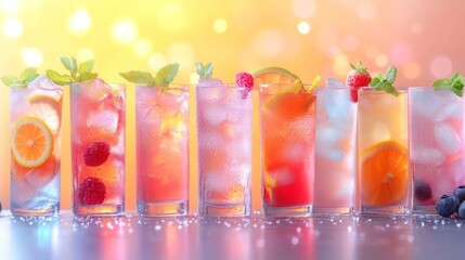 Refreshing summer drinks with ice and fruit.