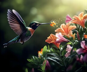 Naklejka premium Flying hummingbird in a blooming garden