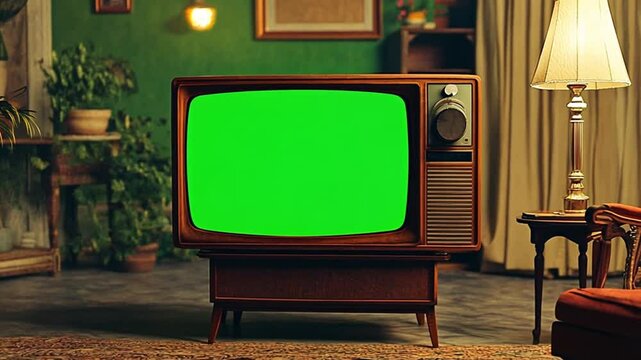 Old retro box tv with green screen mock up on table, Vintage television set with chroma key template, Empty mockup, blank space. Old fashion tv on wooden table in horizontal position, Home background