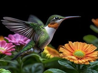 Fototapeta premium Flying hummingbird in a blooming garden