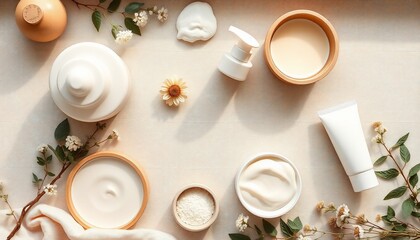 homemade skincare table, beige and white theme, top view, Overhead view, spa products, natural beauty, white ceramics, wooden bowls, eucalyptus leaves, seashells, pebbles, soft beige background