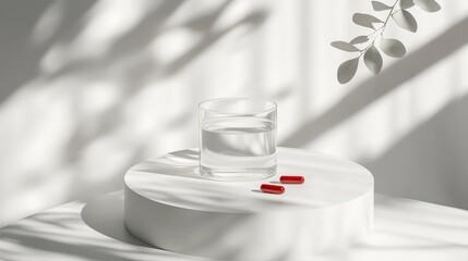 A glass of water and a few red capsules on a white round surface in a minimalist setting, perfect for promoting health and wellnes