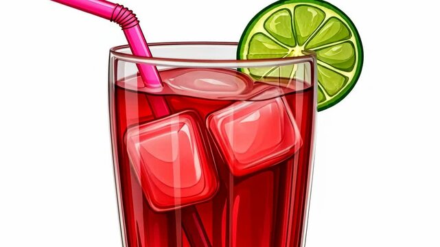 A refreshing glass of red drink with ice cubes and a lime wedge, perfect for a hot summer day